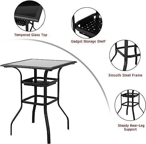 Festival Depot 3 Pcs Patio Bistro Set High Stools Outdoor Furniture with 360å¡ Swivel Armrest Chairs, Tempered Glass Desktop Coffee Table, Metal Frame for Deck Poolside Garden Porch