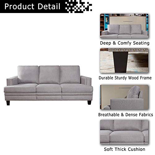 Festival Depot 1 Piece Indoor Modern Fabric Furniture Rivet Edge Armrest 3-Seat Sofa Couch for Living Room Bedroom with Comfortable Seat, 74.8" x 31.5" x 30.7"