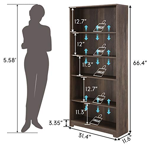 Festival Depot 5-Tier Bookcase Storage Organizer Cabinet Unit 66.3 Inches Height Decor Furniture Bookshelf with Adjustable Shelves Display Rack for Office Living Room