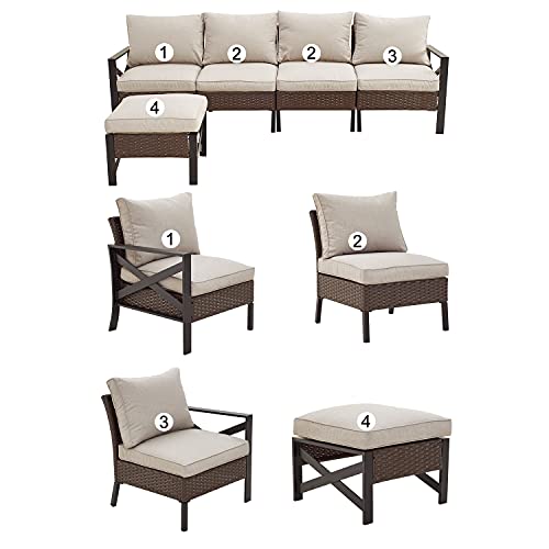 Festival Depot 5 Pieces Patio Furniture Set All-Weather Rattan Wicker Metal Frame Sofa Chair Outdoor Conversation Set Sectional Corner Couch with Cushions and Ottoman for Deck Poolside Garden