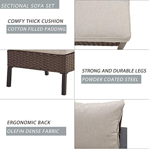 Festival Depot 8 Pcs Patio Outdoor Furniture Conversation Set Sectional Corner Sofa with All-Weather Brown PE Rattan Wicker Back Chair, Ottoman, Coffee Table and Thick Removable Couch Cushions
