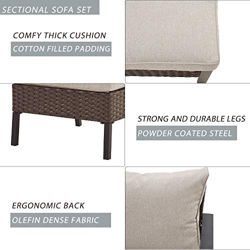 Festival Depot 5 Pieces Patio Conversation Set Outdoor Furniture Sectional Sofa with All-Weather Brown PE Rattan Wicker Back Chair, Coffee Table, Ottoman and Thick Soft Removable Couch Cushions
