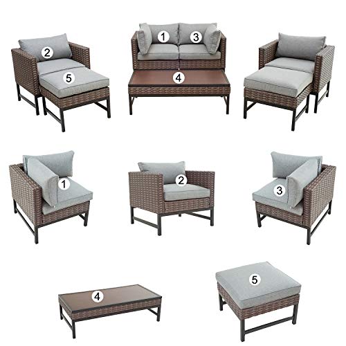 Festival Depot 7 Pcs Patio Outdoor Conversation Wicker Chairs Cushions Ottomans Set with Coffee Square Table Metal Frame Furniture Garden Bistro Seating Thick Soft Cushion (Gray)