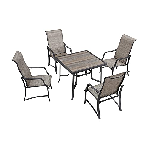 Festival Depot 5Pcs Patio Dining Set of 4 High Back Chairs with Textilene Fabric and 1 Square Metal Table with Wood-Like DPC Tabletop and Curved Steel Legs for Backyard Deck Garden, Grey