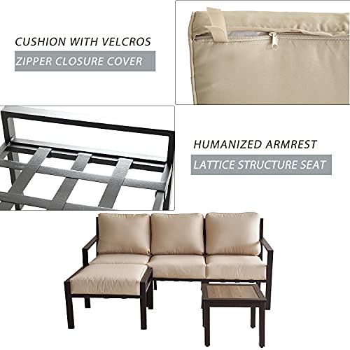 Festival Depot 5pc Patio Sectional Corner Chair Sofa Set with Ottoman L Shape Outdoor All-Weather Metal Chairs with Seating Back Cushions Coffee Side Table Garden Poolside (Beige)