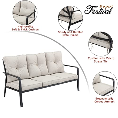 Festival Depot 1 Piece Patio 3-Seats Sofa Outdoor Furniture, All-Weather Loveseat with Curved Armrest, Metal Steel Frame and Detachable Seat & Back Cushion for Porch Balcony Deck Poolside, Beige