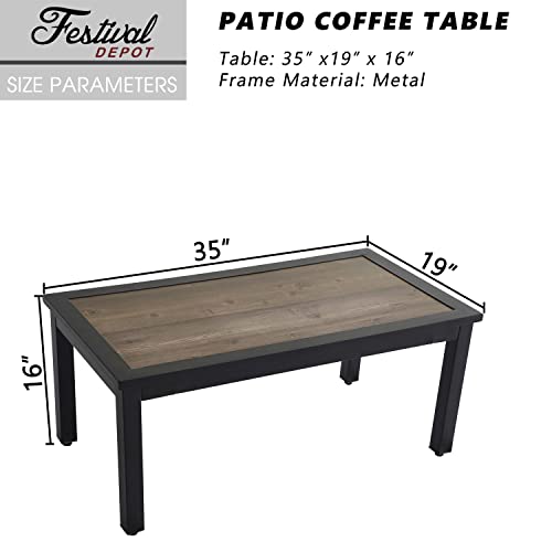 Festival Depot Patio Coffee Table Outdoor Furniture Metal Rectangle with Wooden Finish Table Top and Steel Legs for Deck Poolside Garden Porch (Brown)