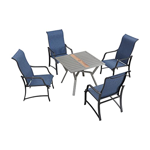 Festival Depot 5 Pieces Patio Dining Set of 4 Armrest Chair with Textilene Fabric and 1 Square Table with 2.16" Umbrella Hole Outdoor Furniture w/Metal Frame for Backyard Deck Garden, Blue