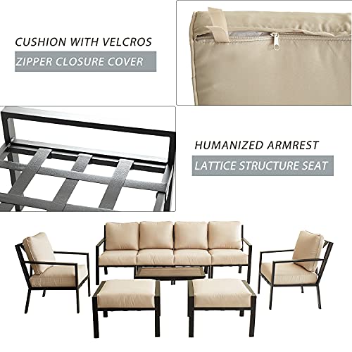 Festival Depot 9-Pieces Patio Outdoor Furniture Conversation Sets Loveseat Sectional Sofa, All-Weather Black X Slatted Back Armchair with Coffee Table and Thick Removable Couch Cushions (Beige)