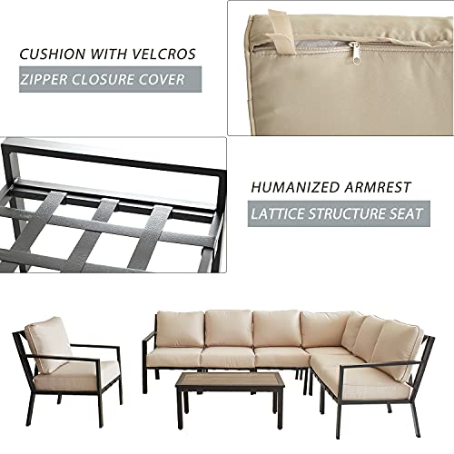 Festival Depot 8-Pieces Patio Outdoor Furniture Conversation Sets Loveseat Sectional Sofa, All-Weather Black X Slatted Back Chairs with Coffee Table and Thick Soft Removable Couch Cushions (Beige)