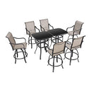 Festival Depot 8pcs Outdoor Patio Dining Furniture Sets Bar Bistro High Stools 360° Swivel Chairs with Slatted Steel Curved Armrest Coffee Table Tempered Glass Desktop (6 Chairs,2 Table)