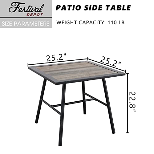 Festival Depot Patio Side Table Square Coffee Table All-Weather Outdoor Furniture with Wood- Grain Desktop and Metal Frame for Porch Poolside Deck Garden (25.2" x 25.2" 22.8")