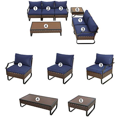 Festival Depot 7 Pieces Patio Conversation Sets Outdoor Furniture Loveseats Sectional Sofa with All-Weather PE Rattan Wicker Back Chair, Coffee Side Table and Soft Removable Couch Cushions(Blue)