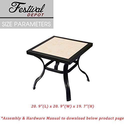 Festival Depot Modern Furniture Outdoor Square Patio Dining Coffee Bistro Table Metal Steel Legs with Ceramics Top All-Weather,20.9"(L) x 20.9"(W) x 19.7"(H),Black
