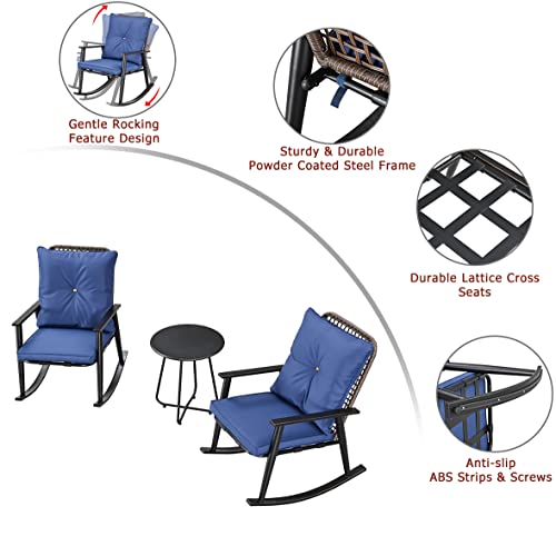Festival Depot 3 Pcs Patio Bistro Set PE Wicker Conversation Set, Rocking Rattan Chairs Outdoor Furniture with Cushions Metal Side Coffee Table for Backyard Porch Balcony Outside Poolside Lawn (Blue)