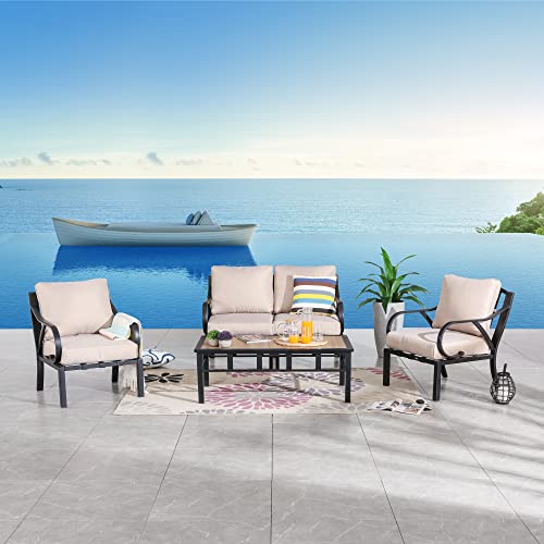 Festival Depot 5pcs Patio Conversation Set Sectional Metal Chairs with Cushions and Coffee Table All Weather Outdoor Furniture for Garden Backyard Balcony, Beige