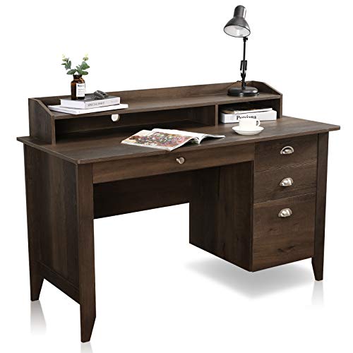 Festival Depot 53" Home Office Desk Writing Computer Desk Vintage Wood Style Laptop Table with Hutch and Sliding Track Drawers for Study Bedroom Workstation