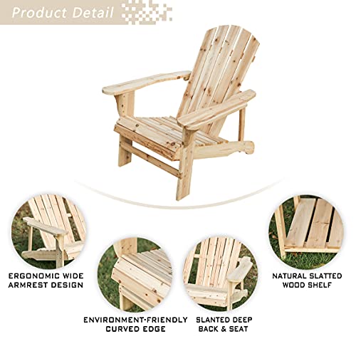 Festival Depot Outdoor Patio Adirondack Chair 1 Piece Wooden Furniture Seating Chair in Rustic Style for Lawn Porch Deck, Natural Finish