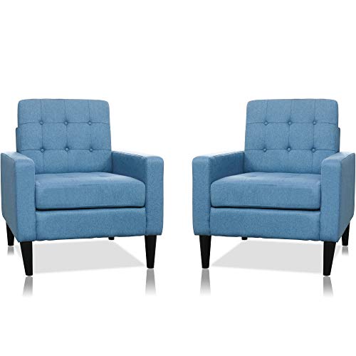 Festival Depot 2 pcs Indoor Modern Fabric Furniture Set Accent Armrest Chair Single Sofa for Living Room Bedroom with Hand-Crafted Button Tufting Detail and Deep Seat, 30.7" x 30.7" x 35", Blue