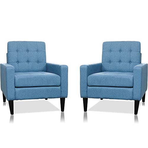 Festival Depot 2 pcs Indoor Modern Fabric Furniture Set Accent Armrest Chair Single Sofa for Living Room Bedroom with Hand-Crafted Button Tufting Detail and Deep Seat, 30.7" x 30.7" x 35", Blue