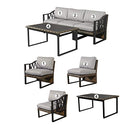 Festival Depot 4pcs Outdoor Furniture Patio Conversation Set Sectional Sofa Chairs All Weather Brown Rattan Wicker Slatted Coffee Table with Grey Thick Seat Back Cushions, Black