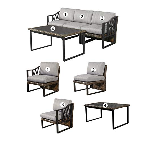 Festival Depot 4pcs Outdoor Furniture Patio Conversation Set Sectional Sofa Chairs All Weather Brown Rattan Wicker Slatted Coffee Table with Grey Thick Seat Back Cushions, Black
