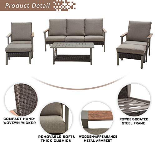 Festival Depot 6pcs Patio Conversation Set All Weather Metal Armchair Rattan Wicker Ottoman 3-Seater Sofa with Grey Thick Seat Back Cushions and Coffee Table Outdoor Furniture for Garden Deck