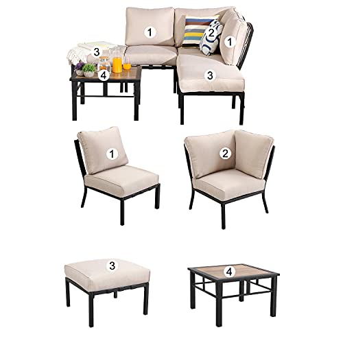 Festival Depot 6 Pieces Patio Conversation Set Sectional Metal Corner Chair Ottoman with Side Table and Thick Cushions All Weather Outdoor Furniture for Deck Garden, Beige