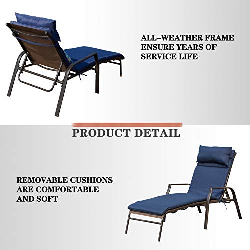 Festival Depot 3 Pieces Outdoor Furniture Patio Chaise Lounge Adjustable Back Chairs Set of 2 Chairs and 1 Bistro Table for Lawn Garden Poolside Backyard with Removable Detachable Cushions (Blue)