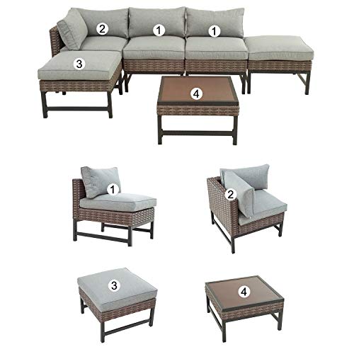 Festival Depot 6 Pieces Patio Outdoor Furniture Conversation Set Sectional Corner Sofa, Wicker Chairs with Ottoman and Seating Thick Soft Couch Cushion(Grey)
