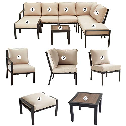 Festival Depot 8-Pieces Patio Outdoor Furniture Conversation Sets Sectional Corner Sofa, All-Weather Black X Slatted Back Chairs with Coffee Side Table and Soft Removable Couch Cushions (Beige)