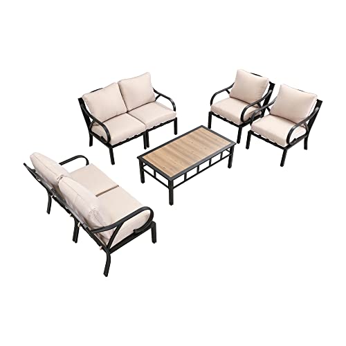Festival Depot 7 Pieces Patio Conversation Set Sectional Sofa Armchair with Thick Cushions and Coffee Table All Weather Metal Outdoor Furniture for Deck Garden, Beige