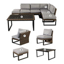 Festival Depot 7pcs Outdoor Furniture Patio Conversation Set Sectional Sofa Corner Chairs All Weather Brown Rattan Wicker Ottoman Slatted Coffee Table with Thick Seat Back Cushions (Grey)