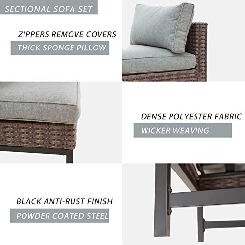 Festival Depot 6 Pieces Patio Outdoor Furniture Conversation Set Sectional Corner Sofa, Wicker Chairs with Ottoman and Seating Thick Soft Couch Cushion(Grey)