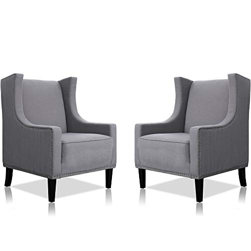 Festival Depot 2 pcs Indoor Modern Fabric Furniture Set Accent Arm Chair Single Sofa for Living Room Bedroom with Wingback and Comfortable Seat, 28.7" x 18.9" x 30.7", Grey