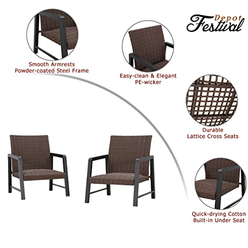 Festival Depot 2Pcs Patio Armchair Set, PE Wicker Bistro Set, All-Weather Dining Chairs with Soft Cushion Quick-Drying Cotton Built-in Under Seat Outdoor Furniture for Backyard Porch Lawn Deck Garden