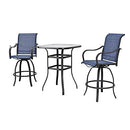 Festival Depot 3-Piece Bar Bistro Patio Outdoor Dining Furniture Sets High Stools 360å¡ Swivel Chairs with Slatted Steel Curved Armrest Square Coffee Side Table Tempered Glass Desktop