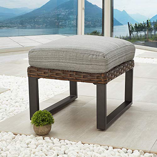 Festival Depot Patio Ottoman Wicker Footstool with Thick Cushion Metal Frame Outdoor Furniture for Deck Yard All Weather (Grey)