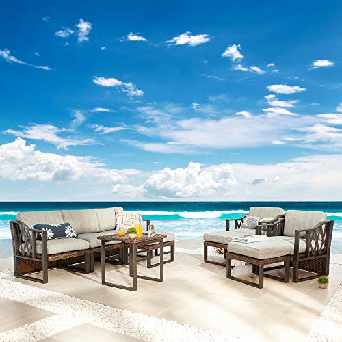 Festival Depot 10Pc Outdoor Furniture Patio Conversation Set Sectional Sofa Chairs All Weather Wicker Ottoman Metal Frame Square Slatted Coffee Table with Thick Grey Seat Back Cushions Without Pillows