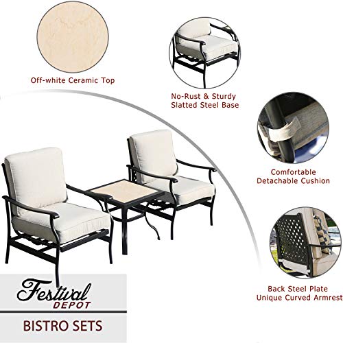 Festival Depot 3-Piece Patio Bistro Set Metal Dining Chairs with Thick Cushions and Ceramic Top Side Table All Weather Outdoor Furniture, Beige