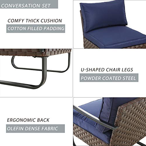 Festival Depot 6 Pieces Patio Outdoor Furniture Conversation Sets Sectional Sofa, All-Weather PE Rattan Brown Wicker Back Chair with Coffee Table, Ottoman and Thick Soft Removable Couch Cushions(Blue)