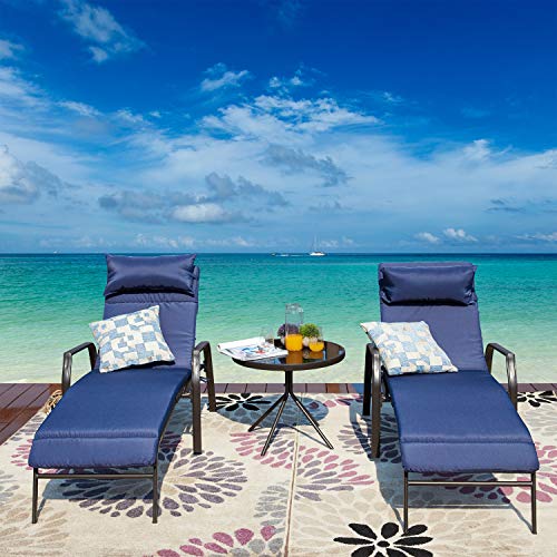 Festival Depot 3 Pieces Outdoor Furniture Patio Chaise Lounge Adjustable Back Chairs Set of 2 Chairs and 1 Bistro Table for Lawn Garden Poolside Backyard with Removable Detachable Cushions (Blue)