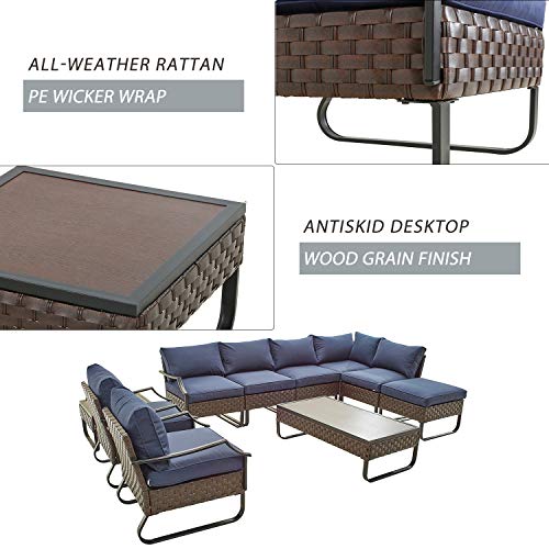 Festival Depot 10 Pieces Patio Conversation Sets Outdoor Furniture Sectional Corner Sofa with All-Weather PE Rattan Wicker Back Chair, Coffee Table and Thick Soft Removable Couch Cushions (Blue)