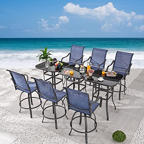 Festival Depot 9-Piece Bar Bistro Patio Outdoor Dining Furniture Sets High Stools 360¡ Swivel Chair with Slatted Steel Curved Armrest Square Side Coffee Side Table Tempered Glass Desktop