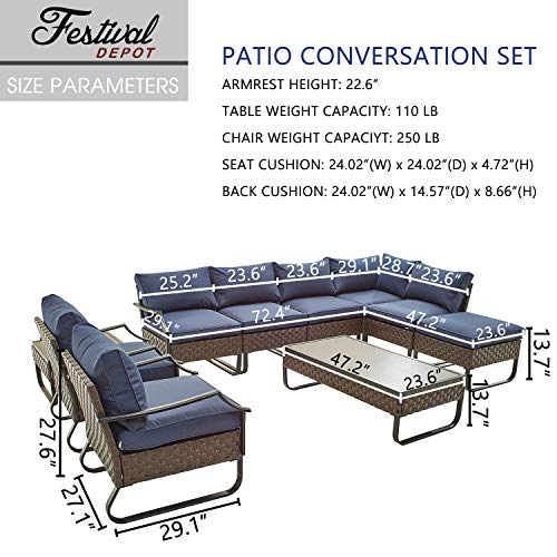 Festival Depot 10 Pieces Patio Conversation Sets Outdoor Furniture Sectional Corner Sofa with All-Weather PE Rattan Wicker Back Chair, Coffee Table and Thick Soft Removable Couch Cushions (Blue)