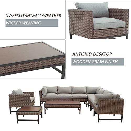 Festival Depot 10 Pieces Outdoor Furniture Patio Conversation Set Combination Sectional Corner Sofa All-Weather Wicker Metal Armchairs with Seating Back Cushions Side Coffee Table,Gray