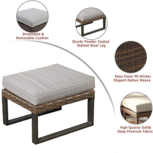 Festival Depot Patio Ottoman Wicker Footstool with Thick Cushion Metal Frame Outdoor Furniture for Deck Yard All Weather (Grey)