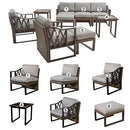 Festival Depot 10Pc Outdoor Furniture Patio Conversation Set Sectional Sofa Chairs All Weather Wicker Ottoman Metal Frame Square Slatted Coffee Table with Thick Grey Seat Back Cushions Without Pillows