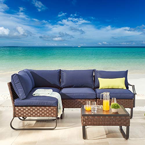 Festival Depot 5 Pieces Patio Conversation Sets Outdoor Furniture Sectional Corner Sofa with All-Weather PE Rattan Wicker Back Chair, Coffee Side Table and Soft Removable Couch Cushions (Blue)