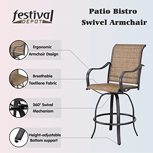 Festival Depot 6-Piece Bar Bistro Patio Outdoor Dining Furniture Sets High Stools 360° Swivel Chairs with Slatted Steel Curved Armrest Square Coffee Side Table Tempered Glass Desktop